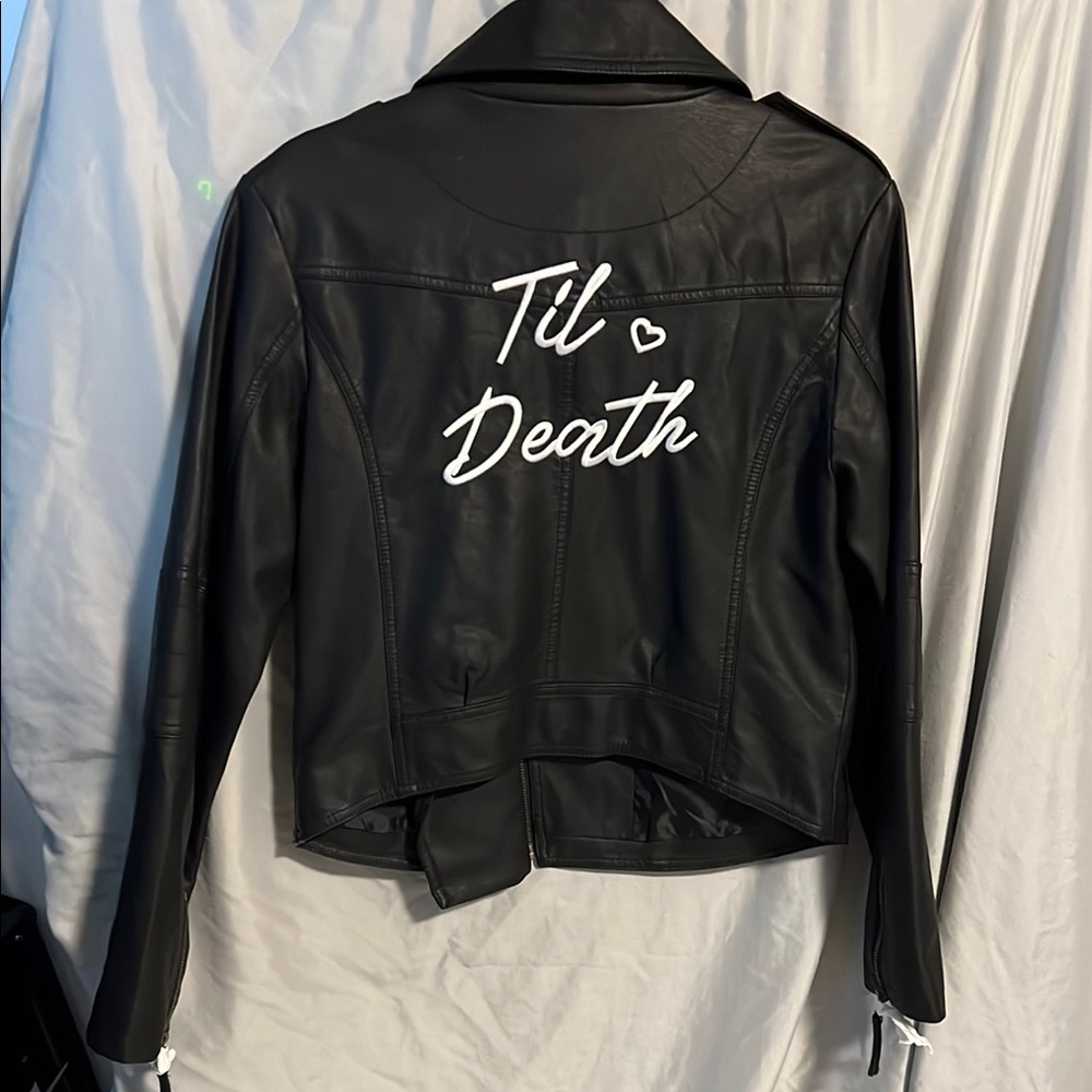 DB Studio Faux Black Leather Biker Jacket with 'Til Death' Design